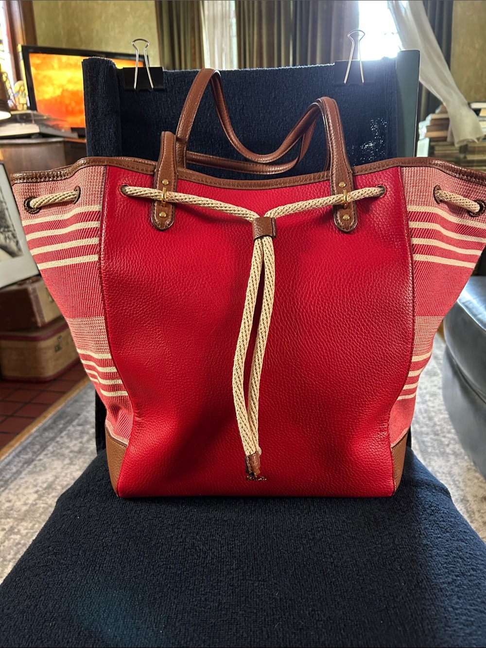 Ralph Lauren RLL Leather & Canvas Tote or Beach Bag w Nautical Rope Drawstring